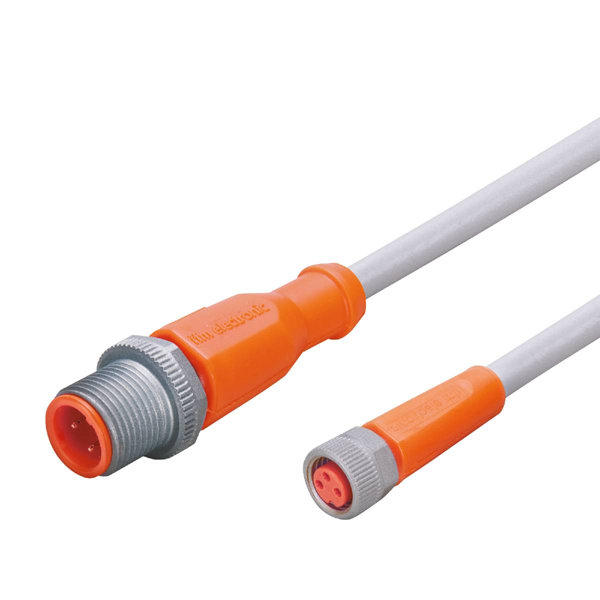 Un câble de connecteur orange, rond, avec un filetage métallique, gros plan sur le connecteur portant l'inscription « lum12.5m/o ».
