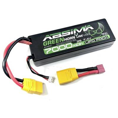 Batterie LiPo de 7000 mAh, 7,4V, emballage noir, câble de connexion jaune et rouge, nom de marque 'Absima' imprimé.