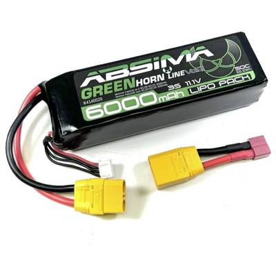Une batterie Lithium-Polymère noire portant l'inscription « 6000mAh 35C 11,1V ». Deux connecteurs jaunes et une autre prise sont visibles.