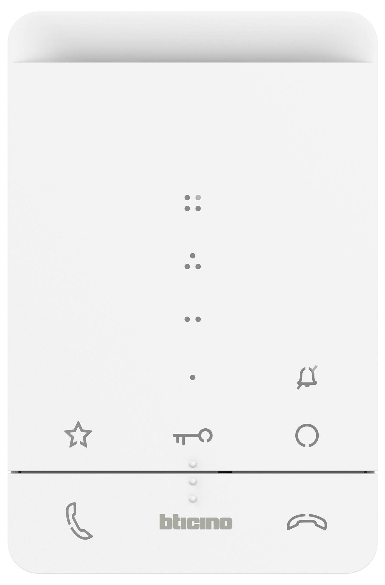 Un panneau de sécurité blanc avec des symboles d'appel, de clé, de cloche et d'étoile. Le nom de la marque est visible au centre en bas.