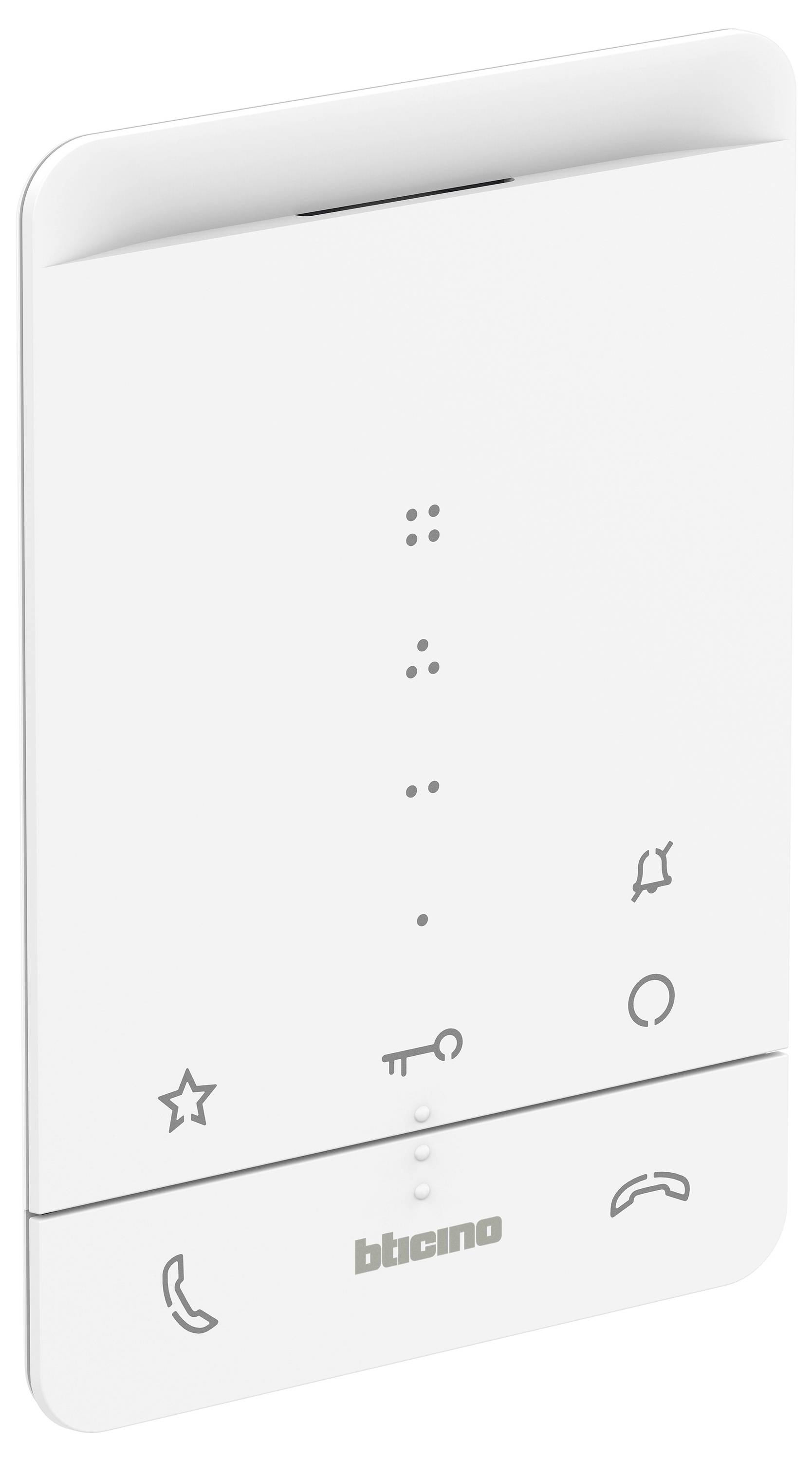 Un interphone blanc avec des symboles de favoris, clé, sonnerie, microphone et réception/fin d'appel. Logo de la marque en bas.