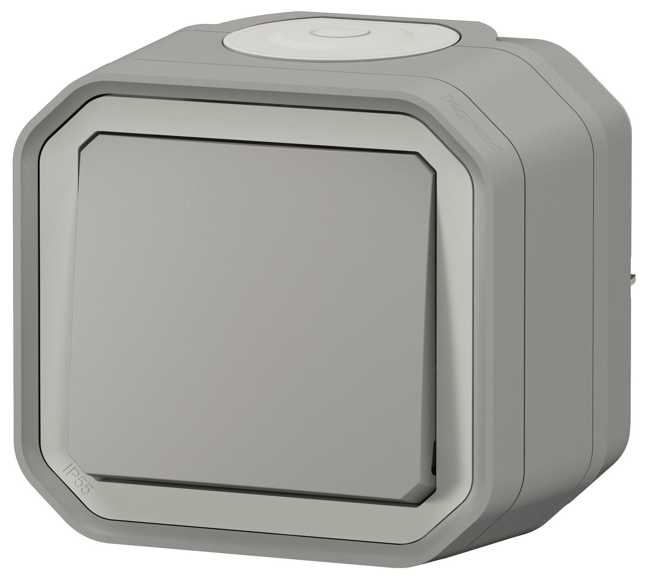 Interrupteur carré gris avec bords arrondis, adapté pour une utilisation dans des zones humides, certifié IP55.