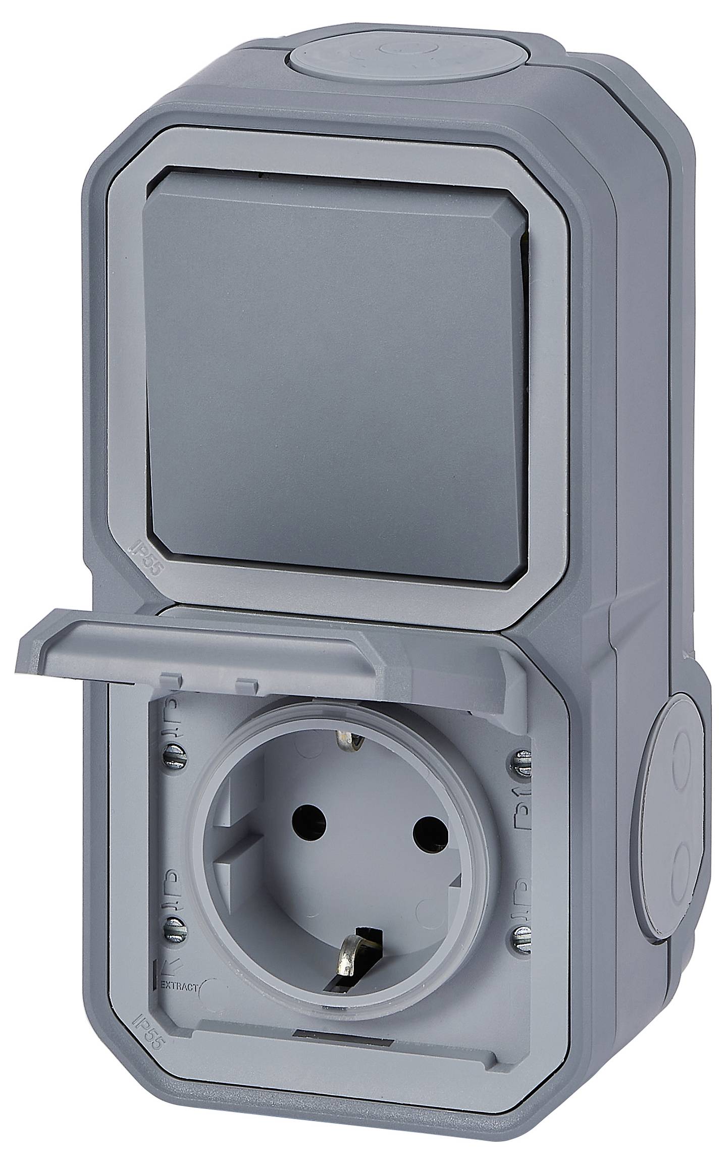 Une prise électrique grise pour extérieur avec un couvercle de protection ouvert, rendant la prise visible.