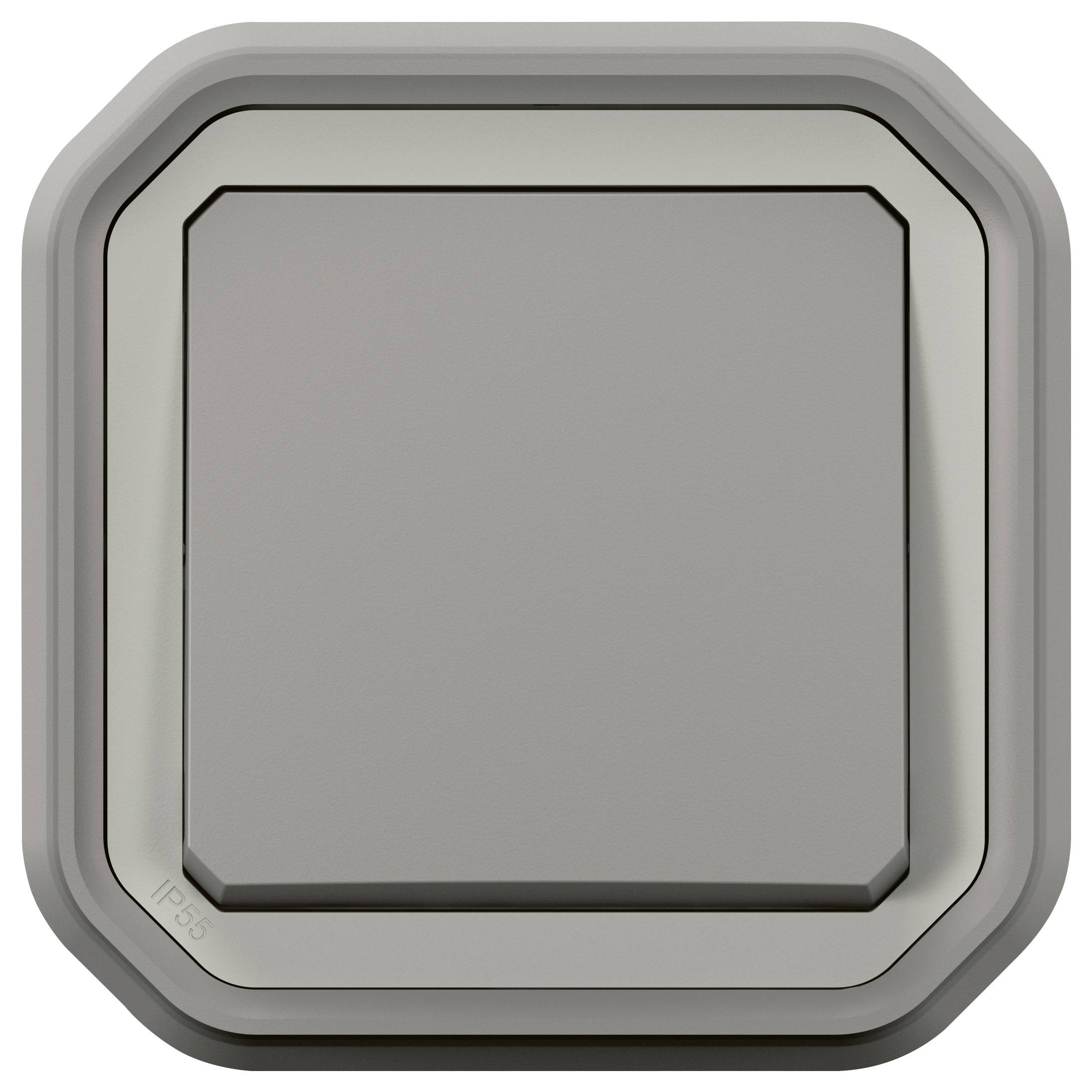Un interrupteur carré gris avec des coins arrondis ; protection IP55, adapté pour une utilisation dans des environnements humides.