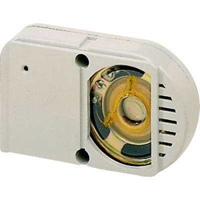 'Détecteur de fumée à angle arrondi, avec ouverture et anneau intérieur jaune. Boîtier blanc avec des fentes de ventilation sur le côté droit.'