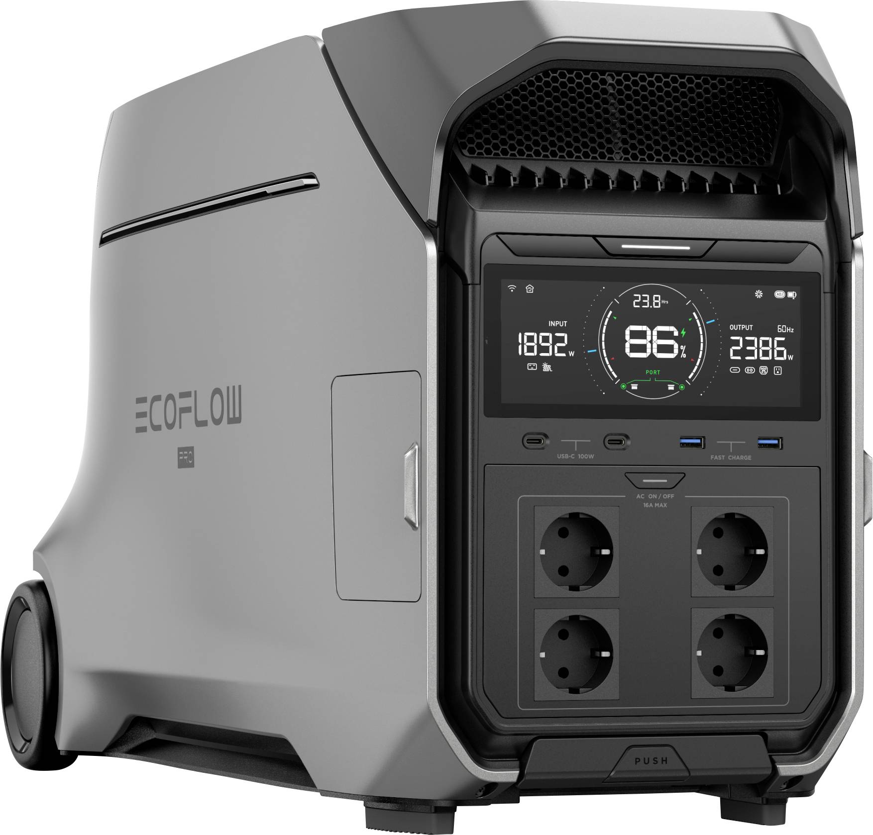 Station de charge mobile avec affichage numérique, montrant le niveau de batterie, les watts et les connexions. Logo de marque 'EcoFlow' sur le côté.