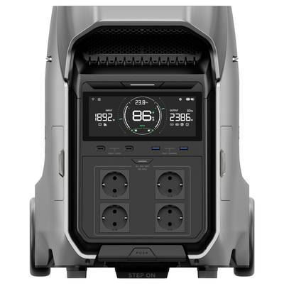 Une centrale électrique portable avec un affichage numérique indique un état de charge de 86%, une puissance d'entrée de 1892W et une puissance de sortie de 2386W. Quatre prises électriques sont visibles à l'avant.