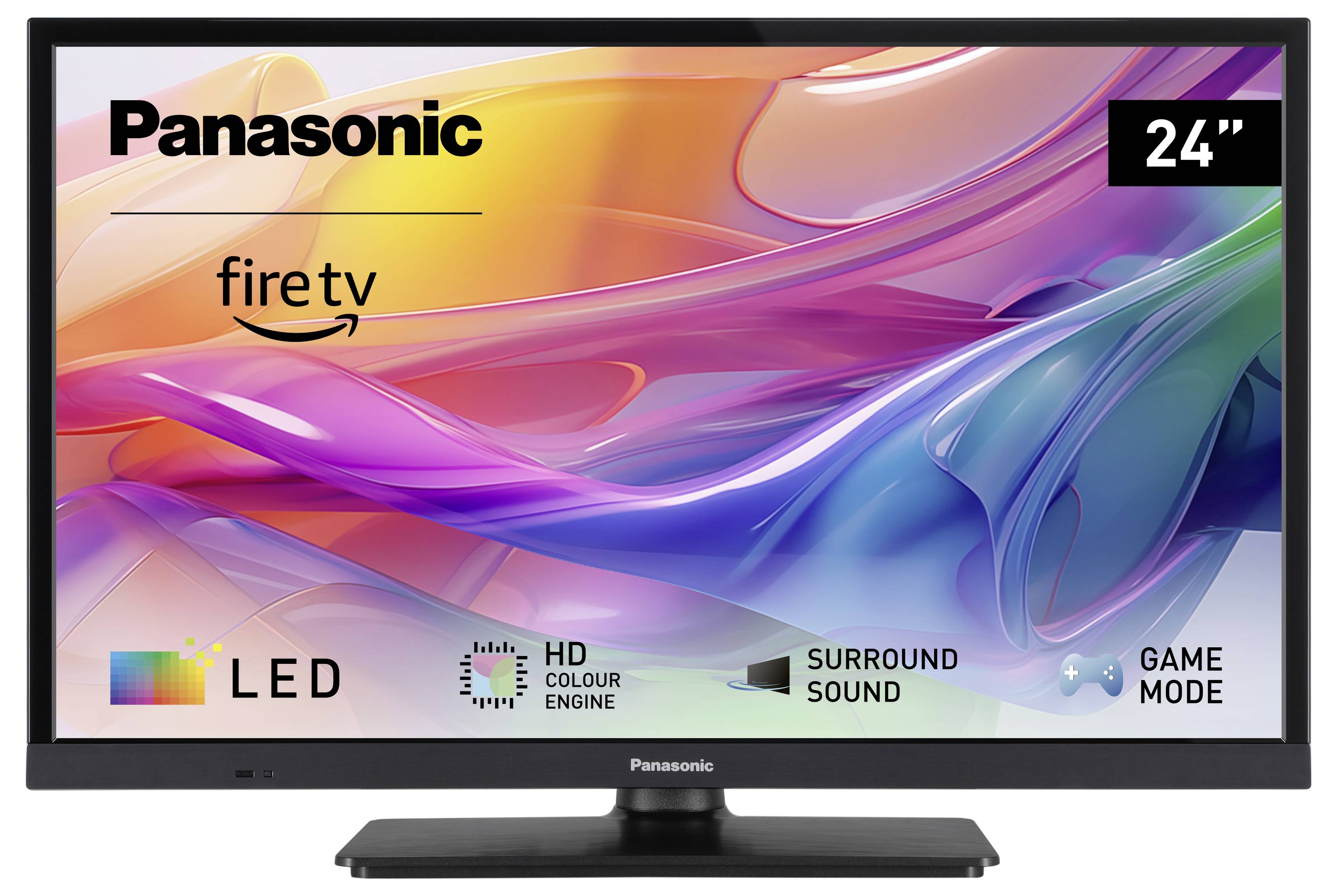 Un téléviseur LED Panasonic de 24 pouces avec Fire TV, couleurs HD, son surround et mode jeu. Graphique de fond abstrait et coloré.