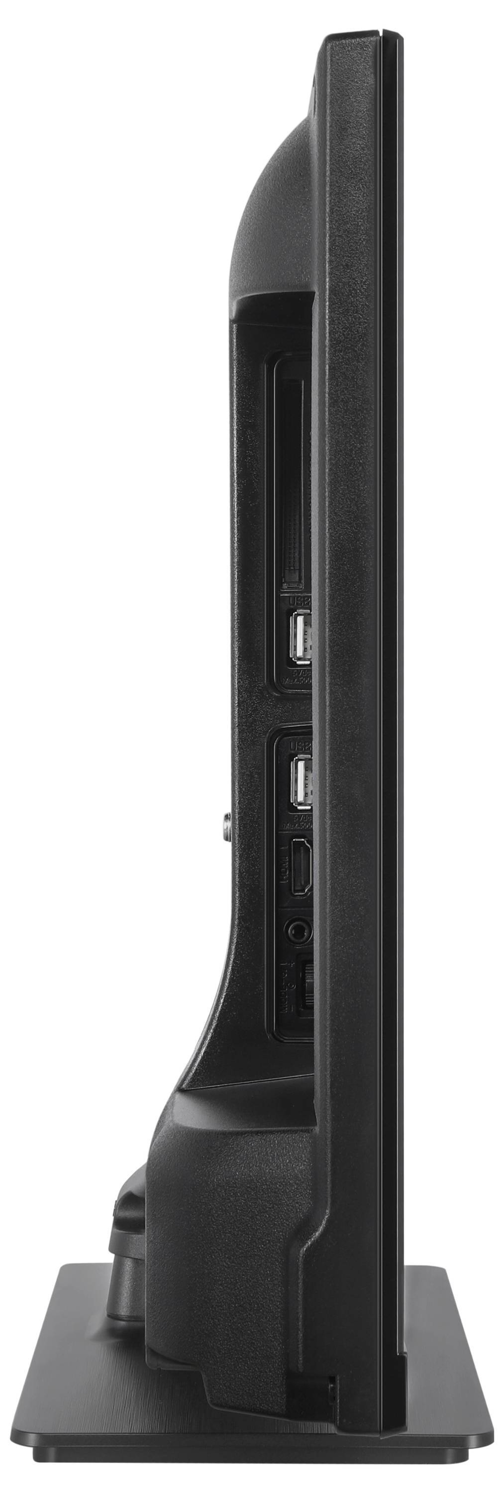 Vue plate et latérale d'un moniteur noir sur support, avec plusieurs ports de connexion visibles.