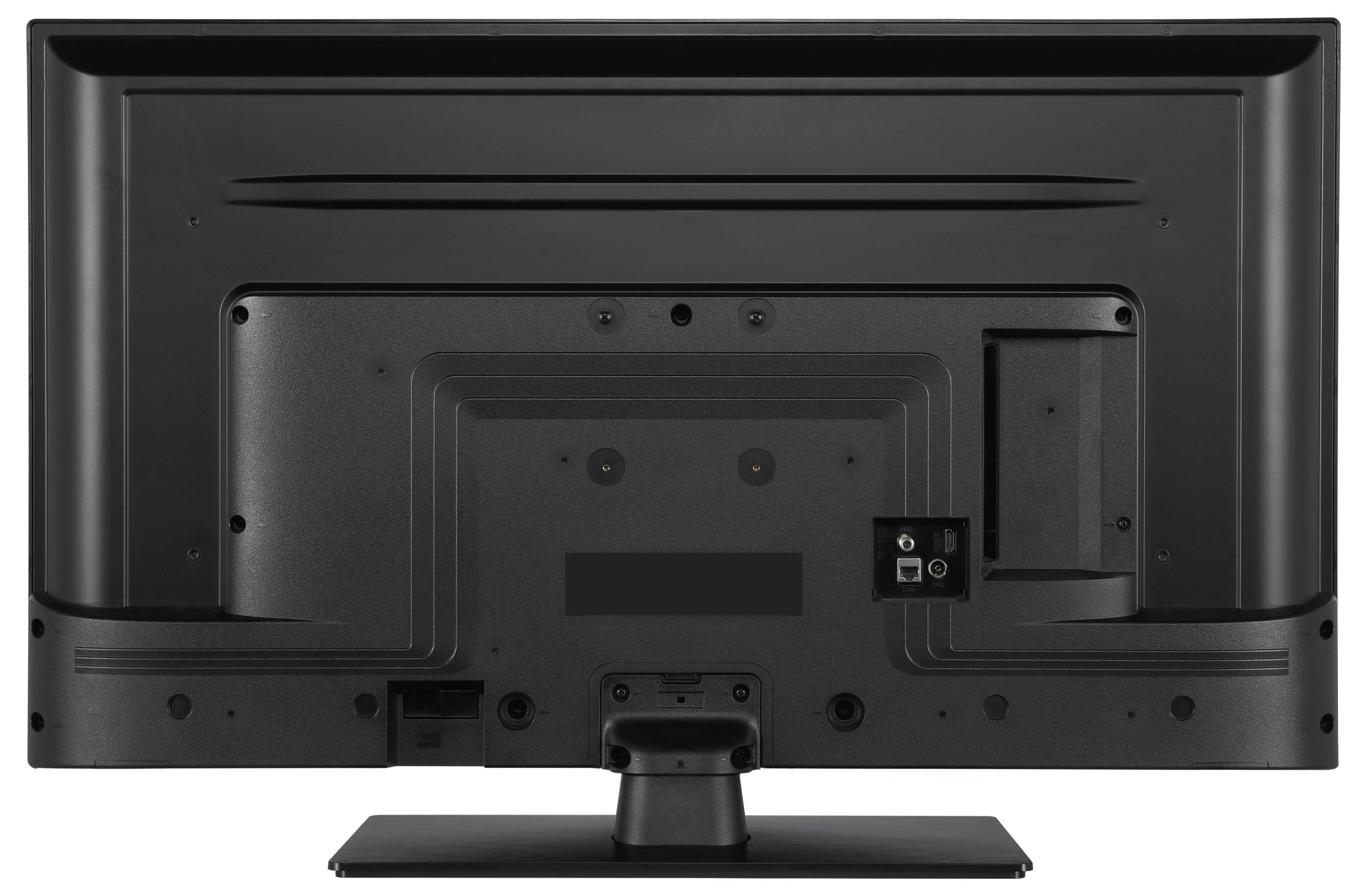 Vue arrière d'un téléviseur noir sur un socle, montrant les connexions et les ouvertures de ventilation.