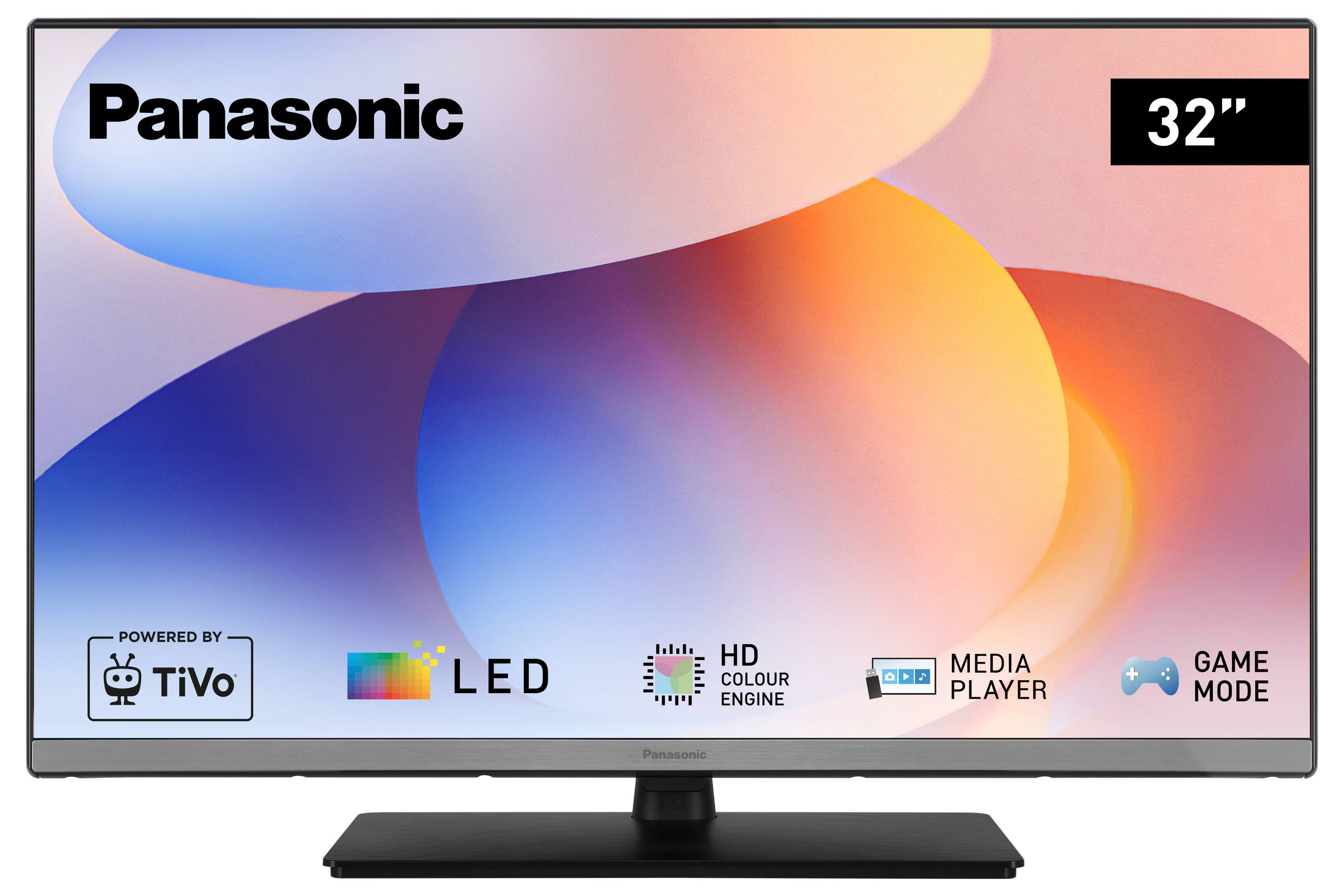 Un téléviseur DEL Panasonic 32 pouces avec logos indiquant les fonctionnalités : alimenté par TiVo, moteur de couleur HD, capacité de lecteur multimédia et mode jeu.