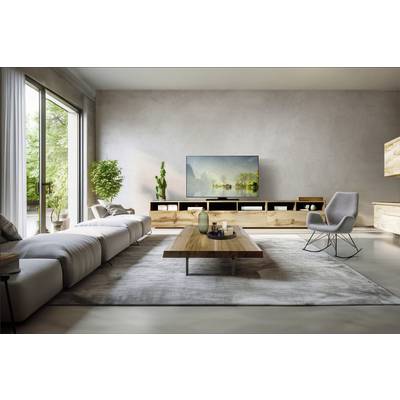 Salon moderne avec canapé gris, table en bois, grand téléviseur au mur et plantes. Des fenêtres lumineuses laissent entrer la lumière du jour.