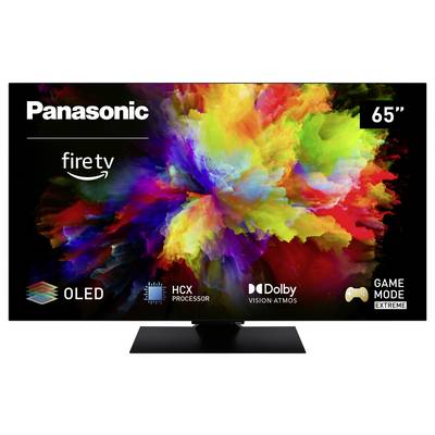 Téléviseur OLED Panasonic de 65" avec Fire TV. Mis en valeur par le processeur HCX, Dolby Vision Atmos et le Mode Jeu Extrême. Affichage abstrait et coloré.
