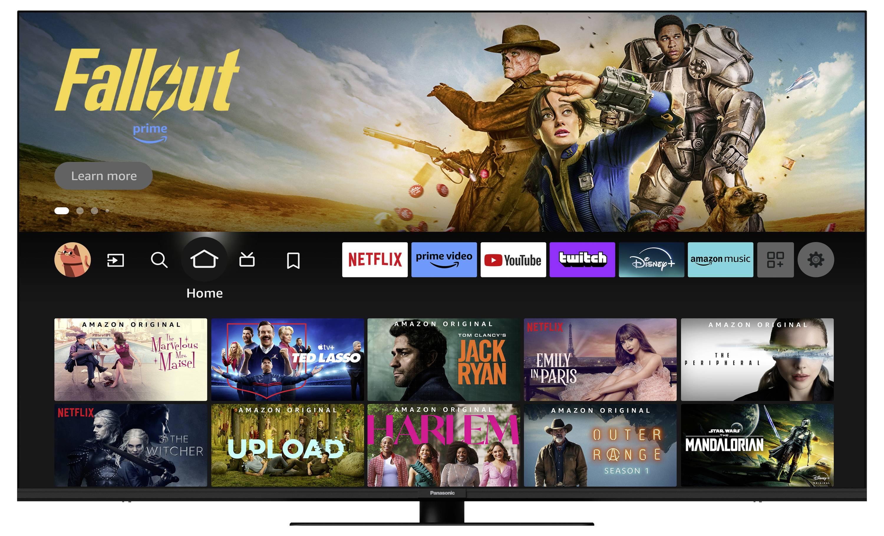 Un écran de télévision affiche l'interface de streaming avec différents choix de films et séries, dont 'Fallout', 'Ted Lasso' et 'Jack Ryan'.