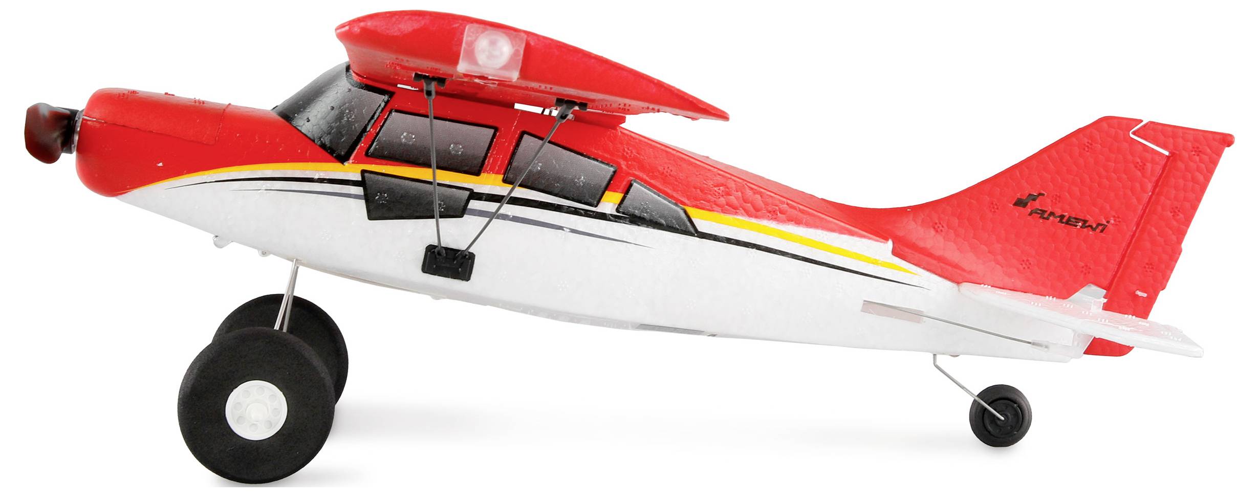 Modèle d'avion au fuselage rouge et partie inférieure blanche, train d'atterrissage noir et bande jaune.