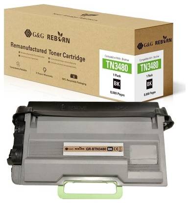 Cartouche de toner TN3480 d'une capacité de 8 000 pages avec son emballage. Marque 'G&G Reborn'. Compatible avec les imprimantes Brother.
