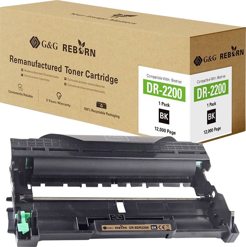 Une cartouche de toner recyclée G&G Reborn dans un emballage brun. Compatible avec Brother DR-2200, imprime 12 000 pages.