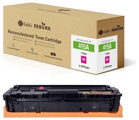 Une cartouche de toner remanufacturée G&G Reborn avec le numéro de pièce 415A. L'emballage met l'accent sur la compatibilité et le recyclage.