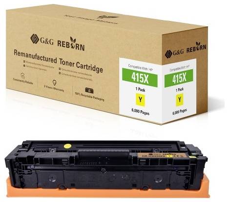 Emballage de cartouche de toner G&G Reborn ; compatible avec HP 415X, jaune, 6 000 pages. Matériaux écologiques.