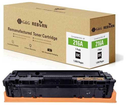 Une cartouche de toner rechargée de la marque G&G Reborn, compatible avec HP 216A. Indication sur l'emballage : '1 050 pages'.