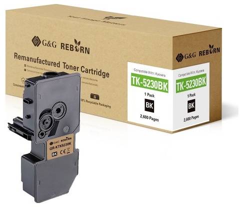 G&G Reborn, cartouche de toner reconditionné, compatible avec Kyocera, modèle TK-5230BK, environ 2 600 pages. Emballage en matériau recyclé.