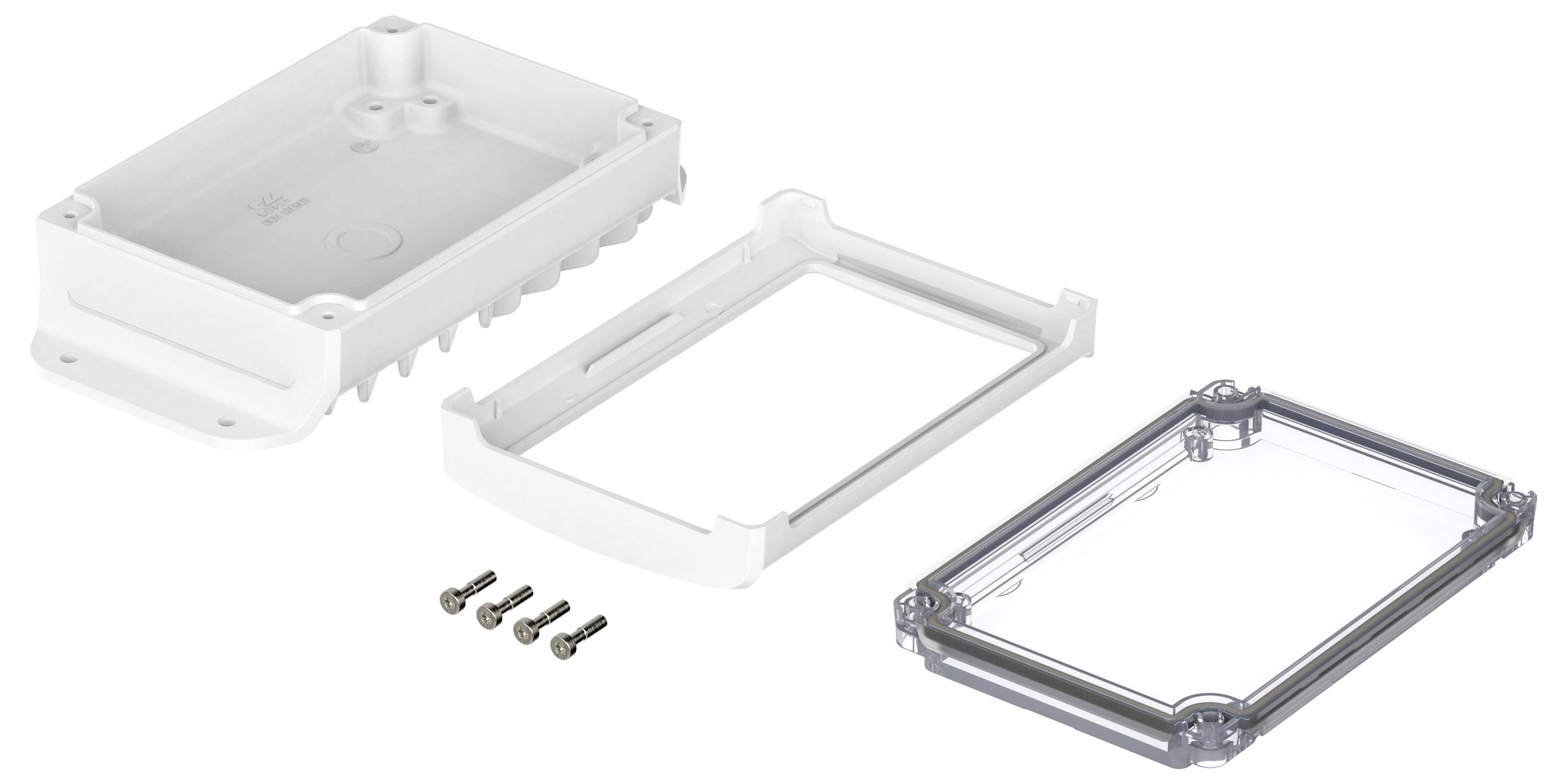 Couverture électronique de boîtier avec des pièces amovibles, comprenant une base, un cadre, un couvercle transparent et quatre vis à gauche.