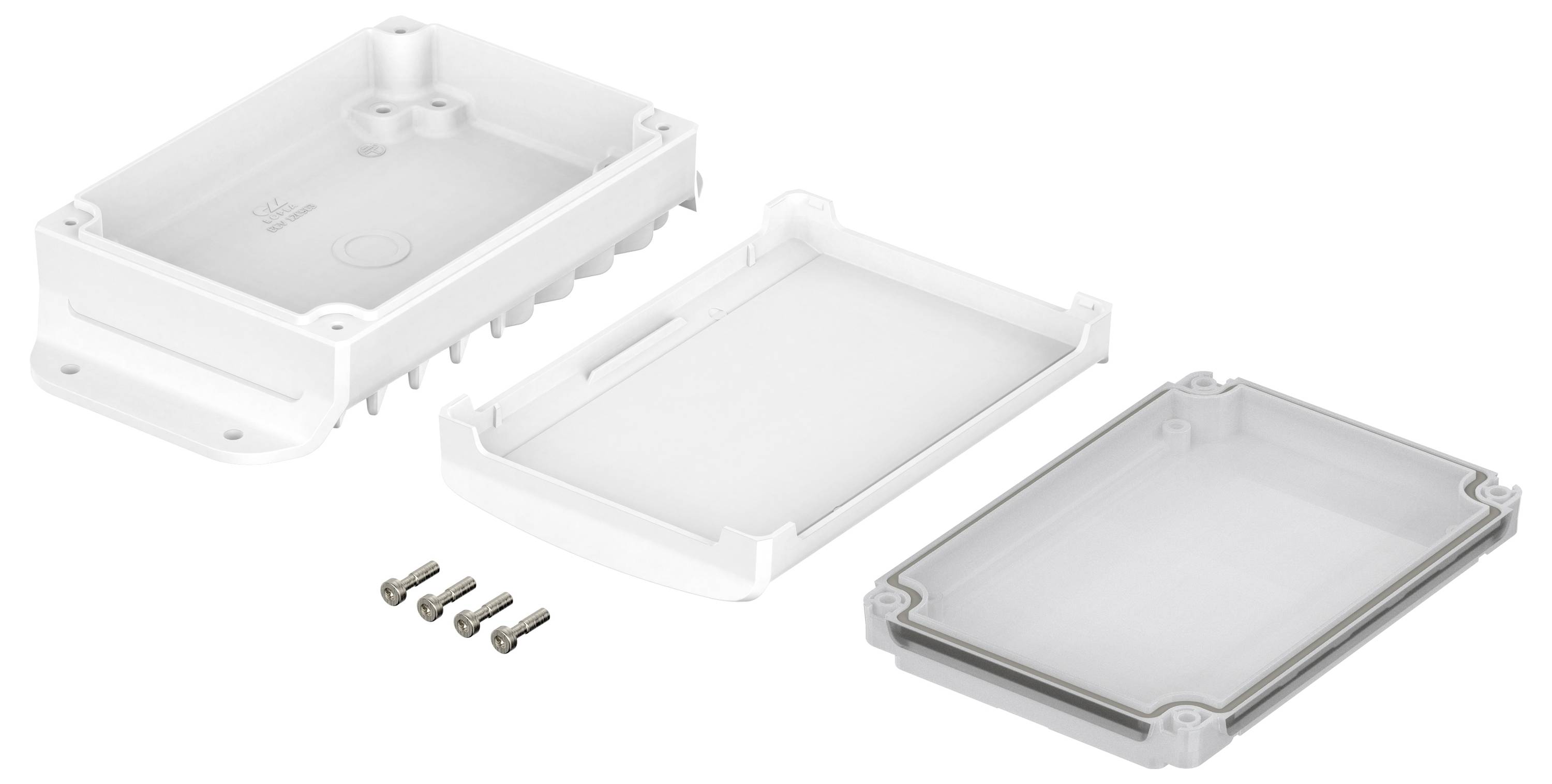 Couvercle de boîtier blanc en plastique, ouvert avec des vis, montrant les pièces individuelles pour le montage dans un boîtier de raccordement électrique.