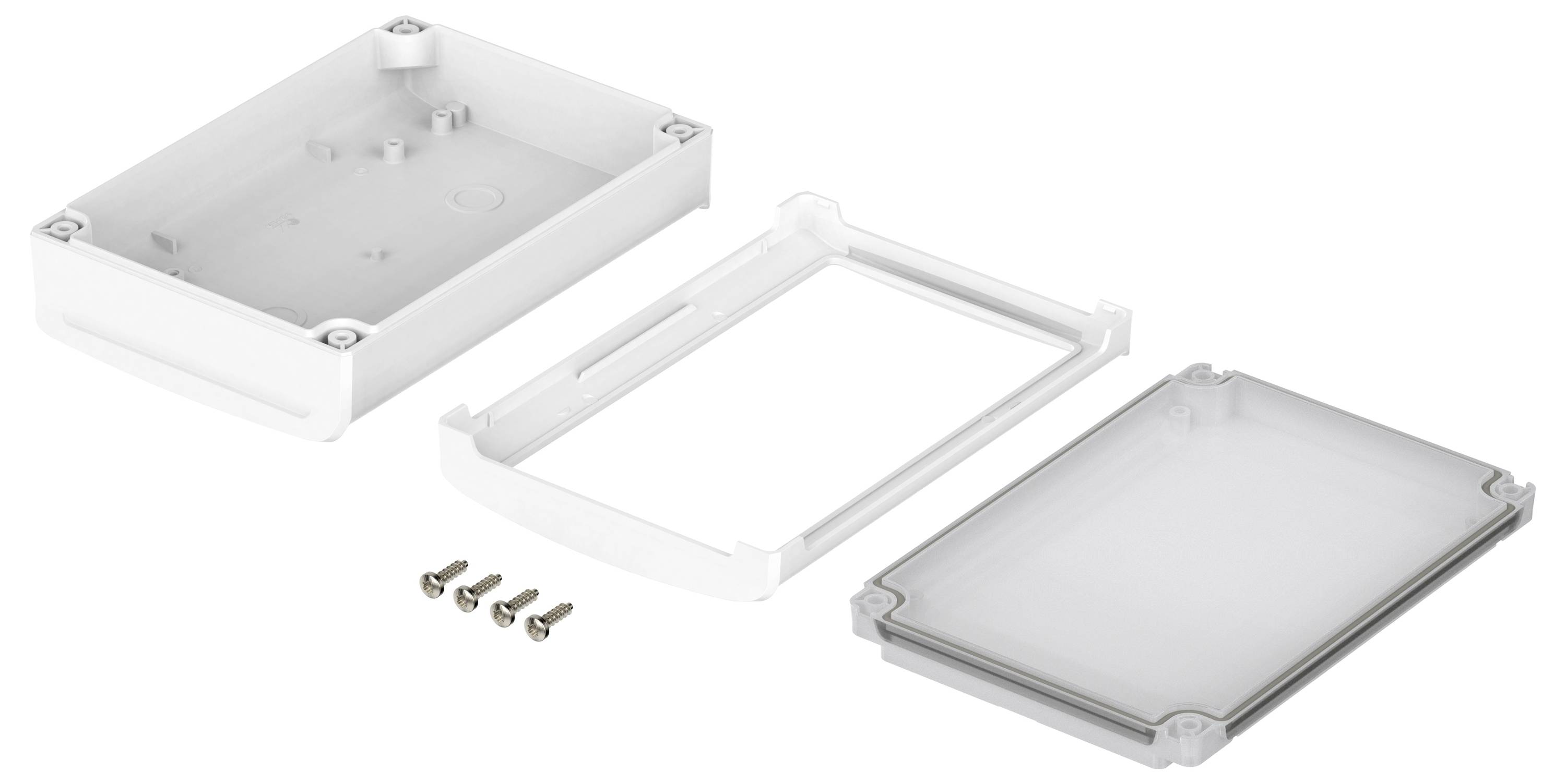 Un ensemble de boîtier, composé d'un fond, d'un cadre et d'un couvercle, avec quatre vis de montage posées à côté.