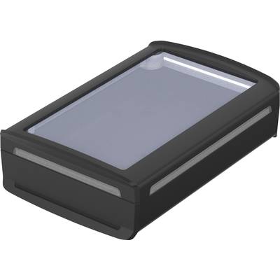 Boîtier noir avec un couvercle transparent, de forme rectangulaire. Utilisé pour le rangement ou la protection d'appareils électroniques.