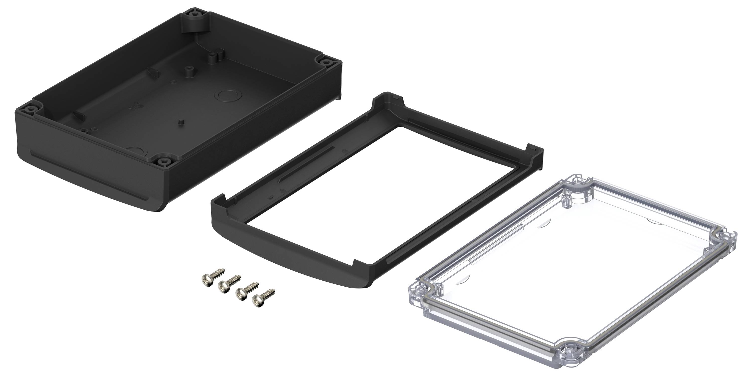 Boîtier électronique noir en trois parties : partie inférieure, cadre avec trous de vis, couvercle transparent et quatre vis.