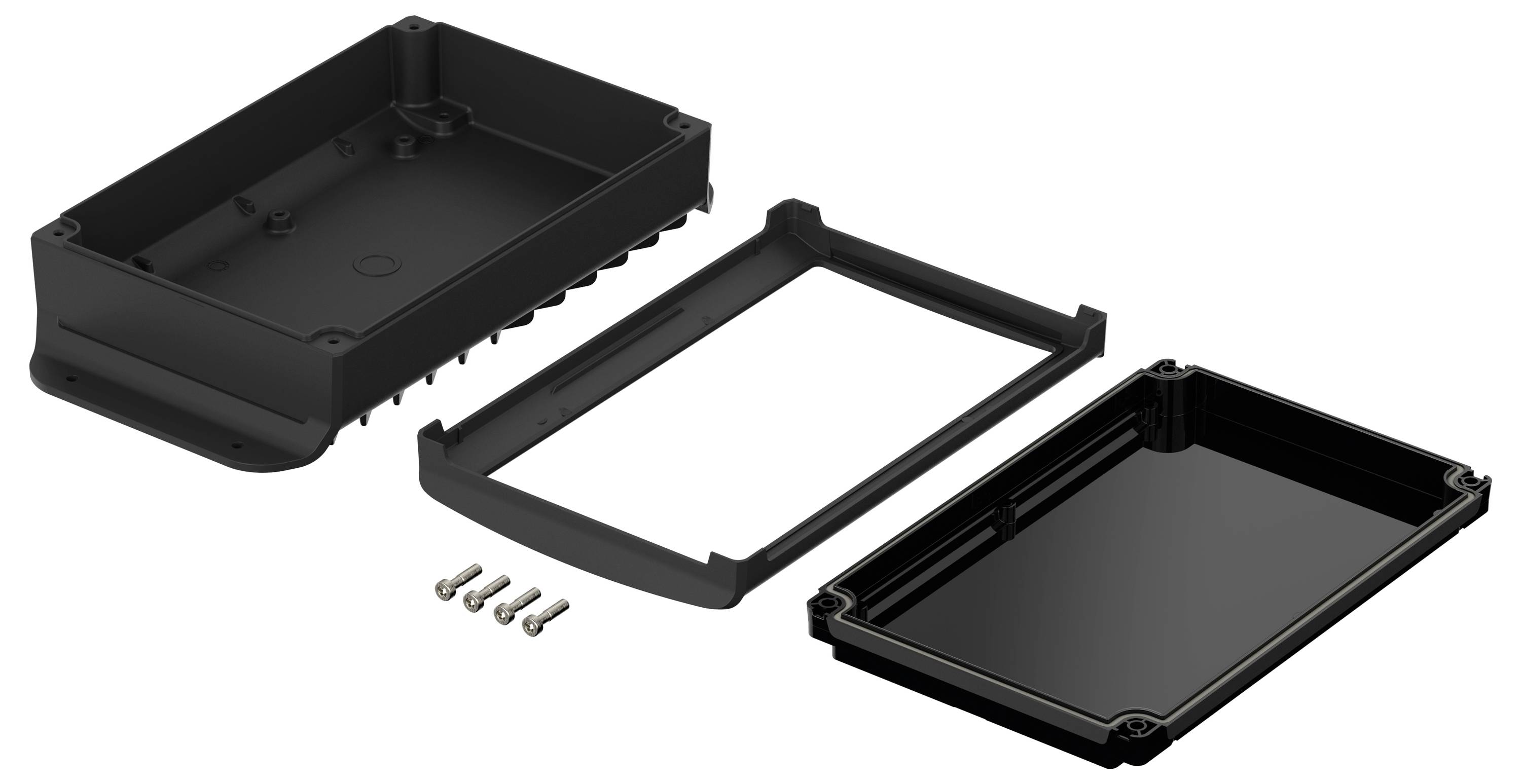 Boîtier électronique, composé de trois pièces en plastique noir et de quatre vis, présenté dans un état démontable.