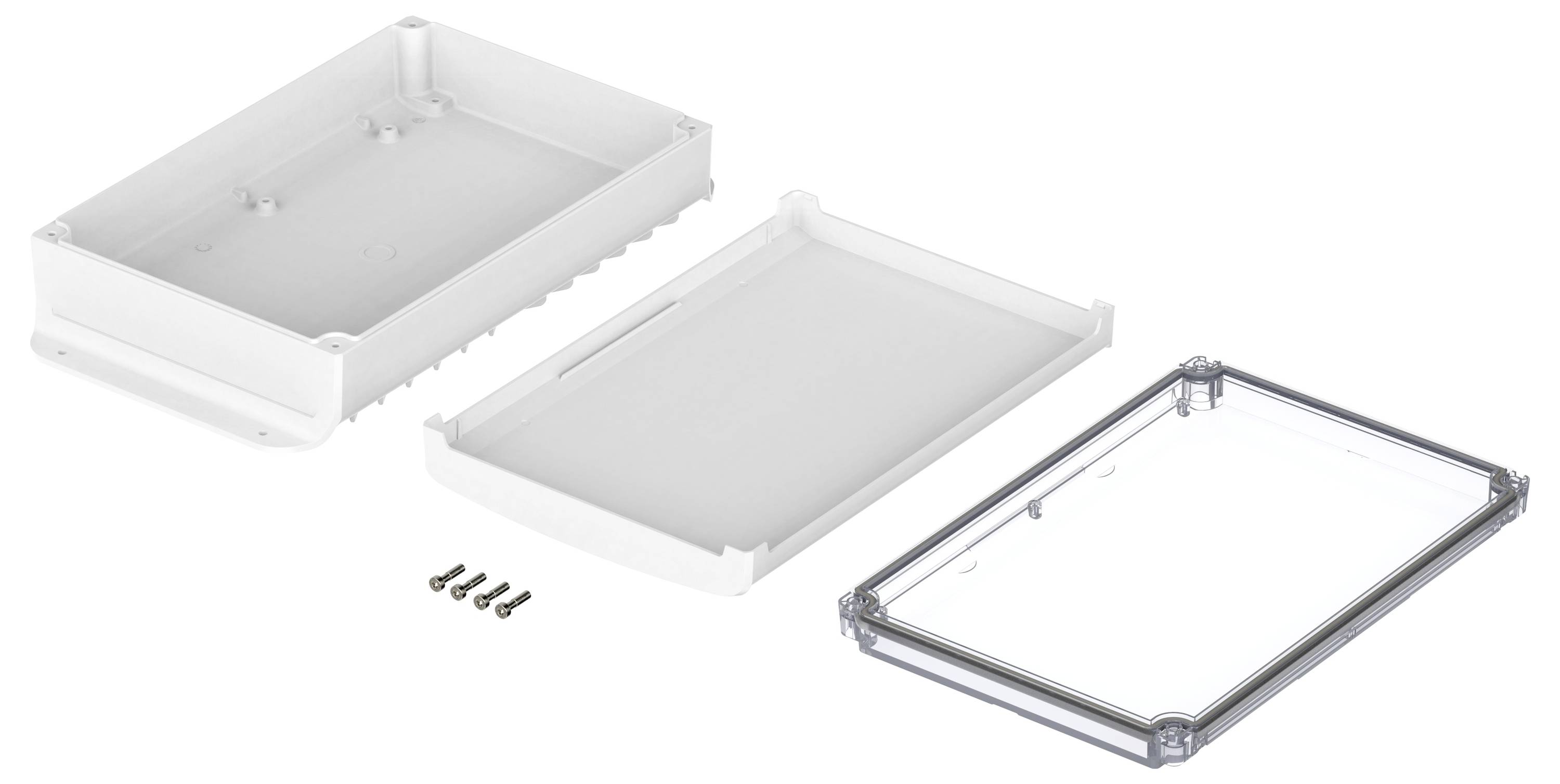 Ensemble de boîtier en plastique, composé de deux pièces blanches et d'un couvercle transparent, incluant cinq vis.