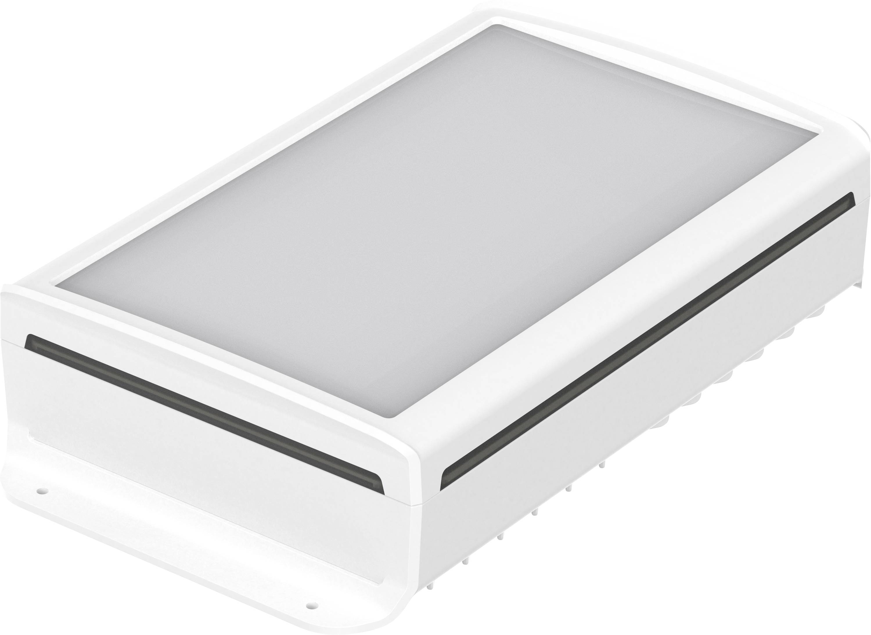 Un appareil électronique rectangulaire blanc à surface lisse et bords arrondis, probablement un panneau lumineux ou un capteur.