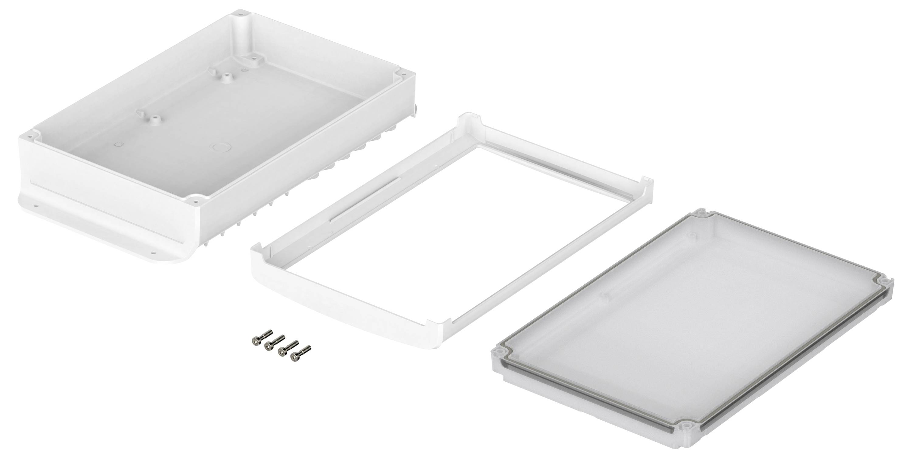 Boîtier démontable en trois parties : fond, cadre et couvercle. Six vis à côté. Fabriqué en plastique gris.
