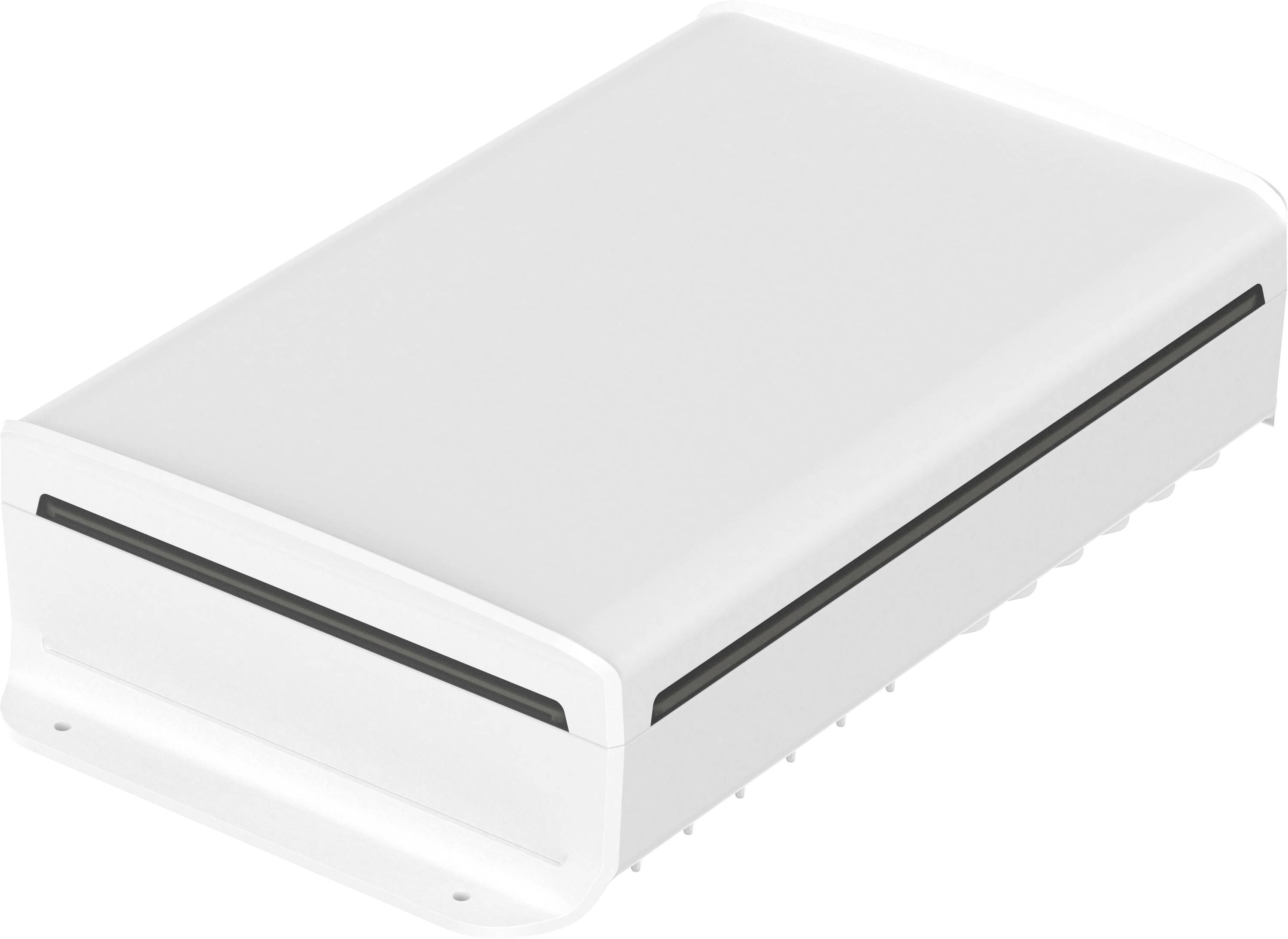 Appareil blanc, rectangulaire, avec des coins arrondis et une ligne noire sur le côté.