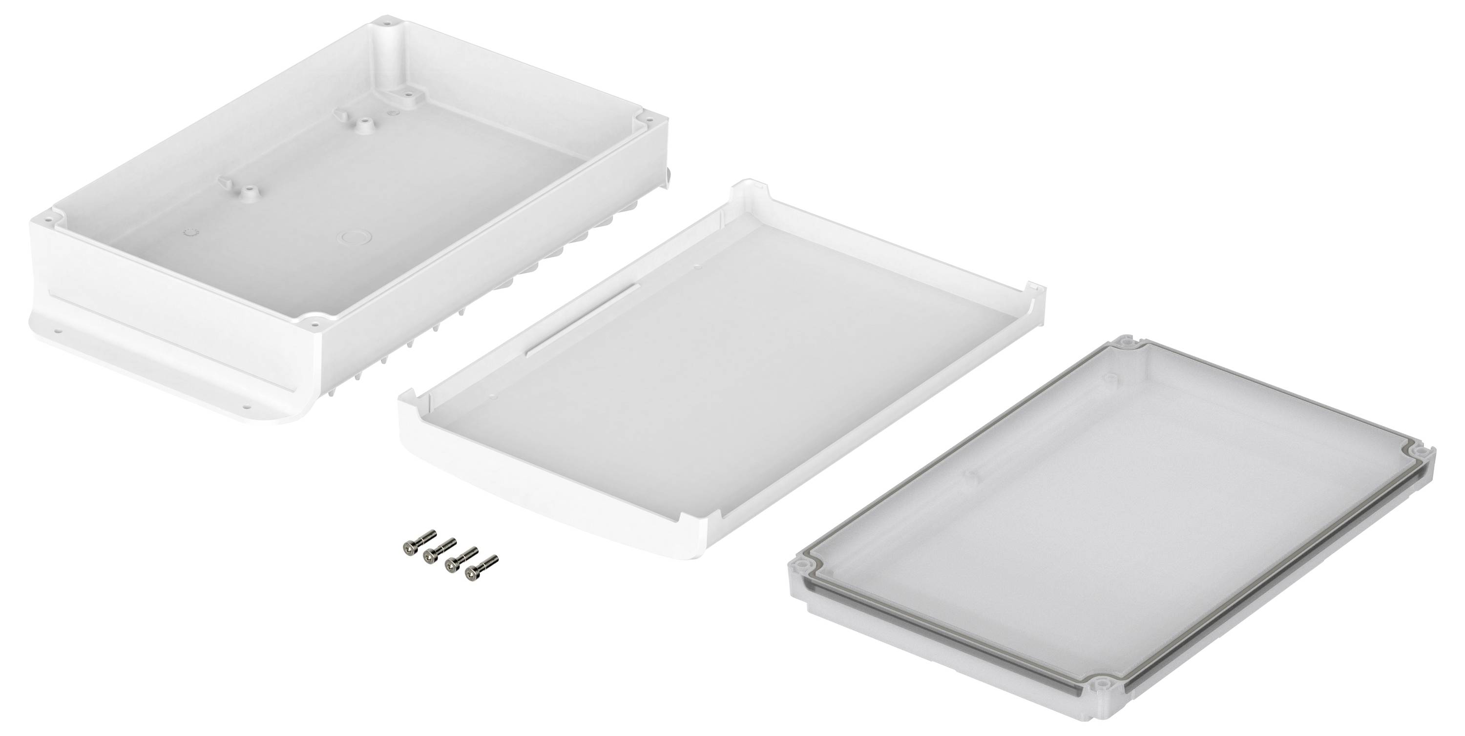 Boîtiers en plastique blanc avec deux couvercles et six vis, posés sur une surface blanche.
