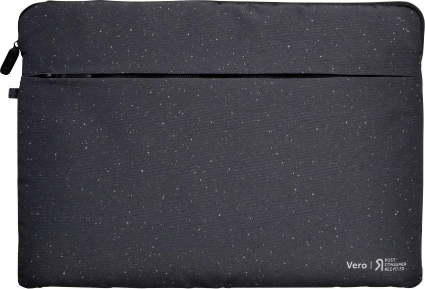 Sacoche pour ordinateur portable noire avec un motif pointillé fin et l'inscription 'Vero Post Consumer Recycled' dans le coin inférieur droit.