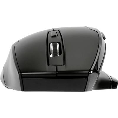 Souris d'ordinateur sans fil, noire, au design ergonomique, avec repose-pouce latéral, molette de défilement et deux boutons sur le dessus.
