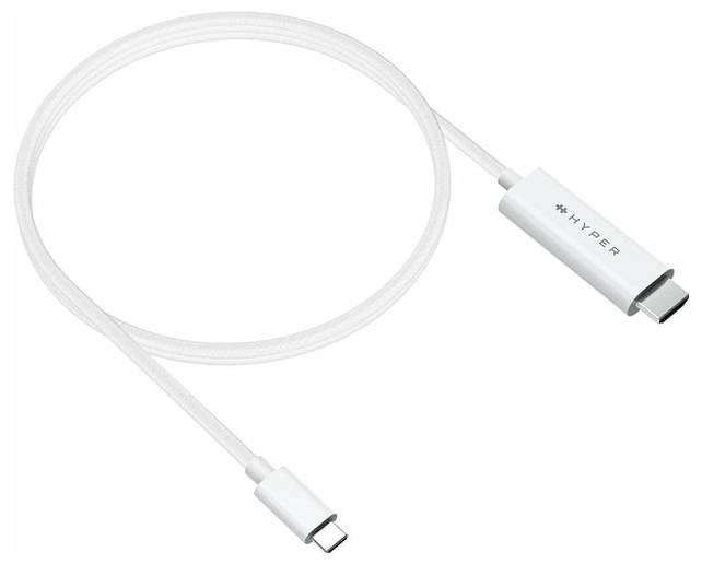Un câble USB-C blanc de Hyper, avec une fiche renforcée à une extrémité et une fiche USB-C standard à l'autre.