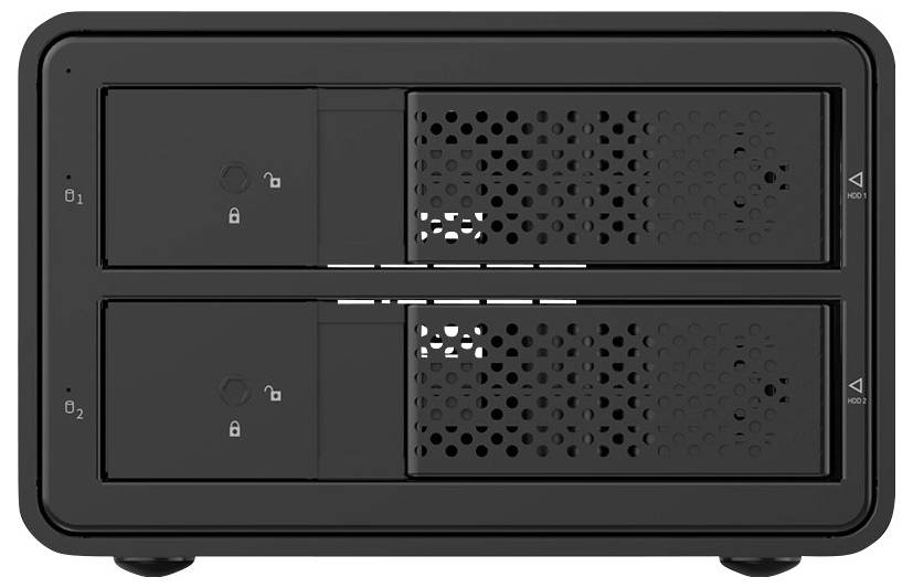 Un appareil noir et rectangulaire doté de deux compartiments verrouillables pour le stockage de données. Adapté pour les disques durs externes.