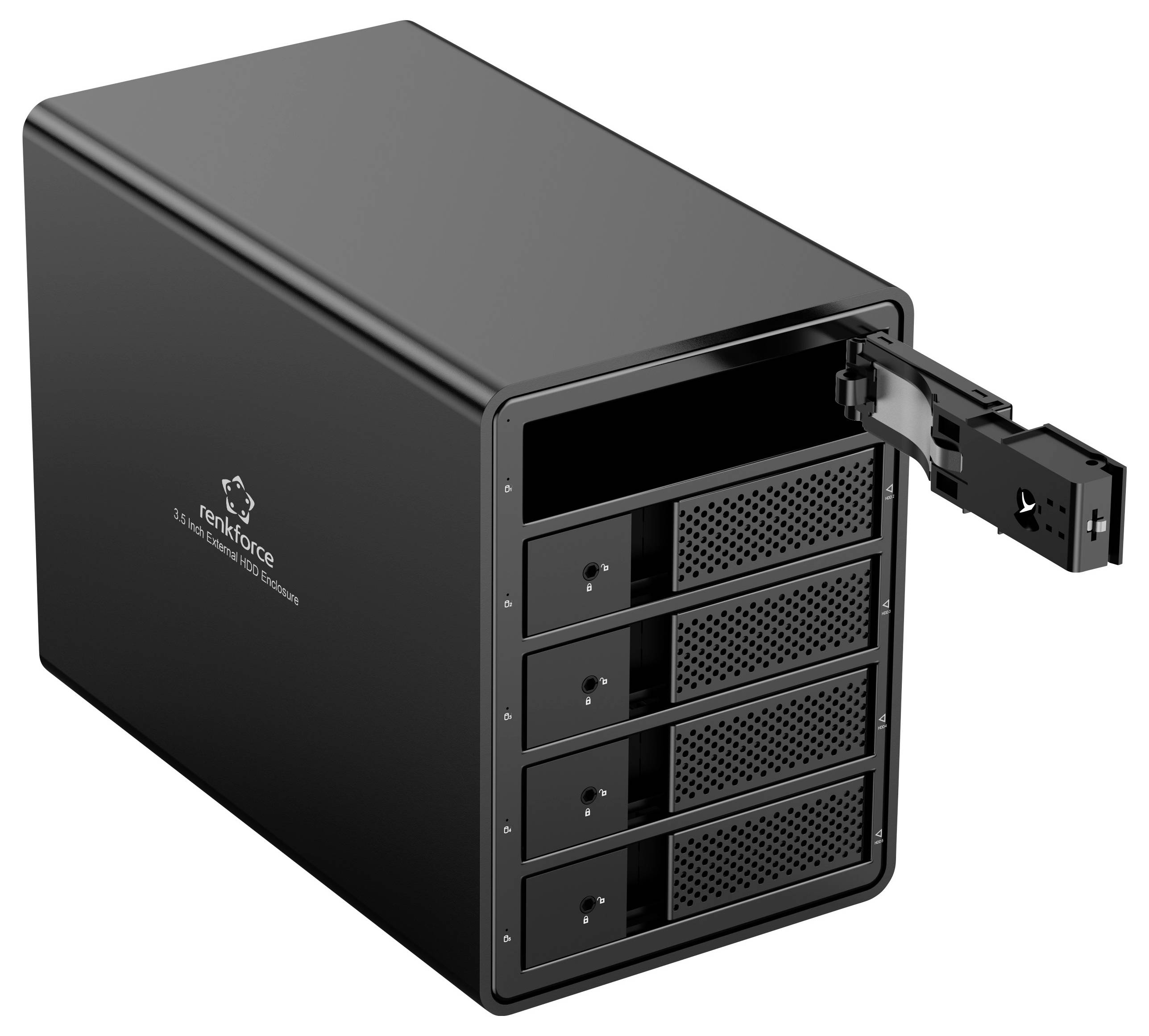 Un boîtier noir pour disque dur avec quatre emplacements est ouvert afin de retirer ou d'insérer un disque dur.