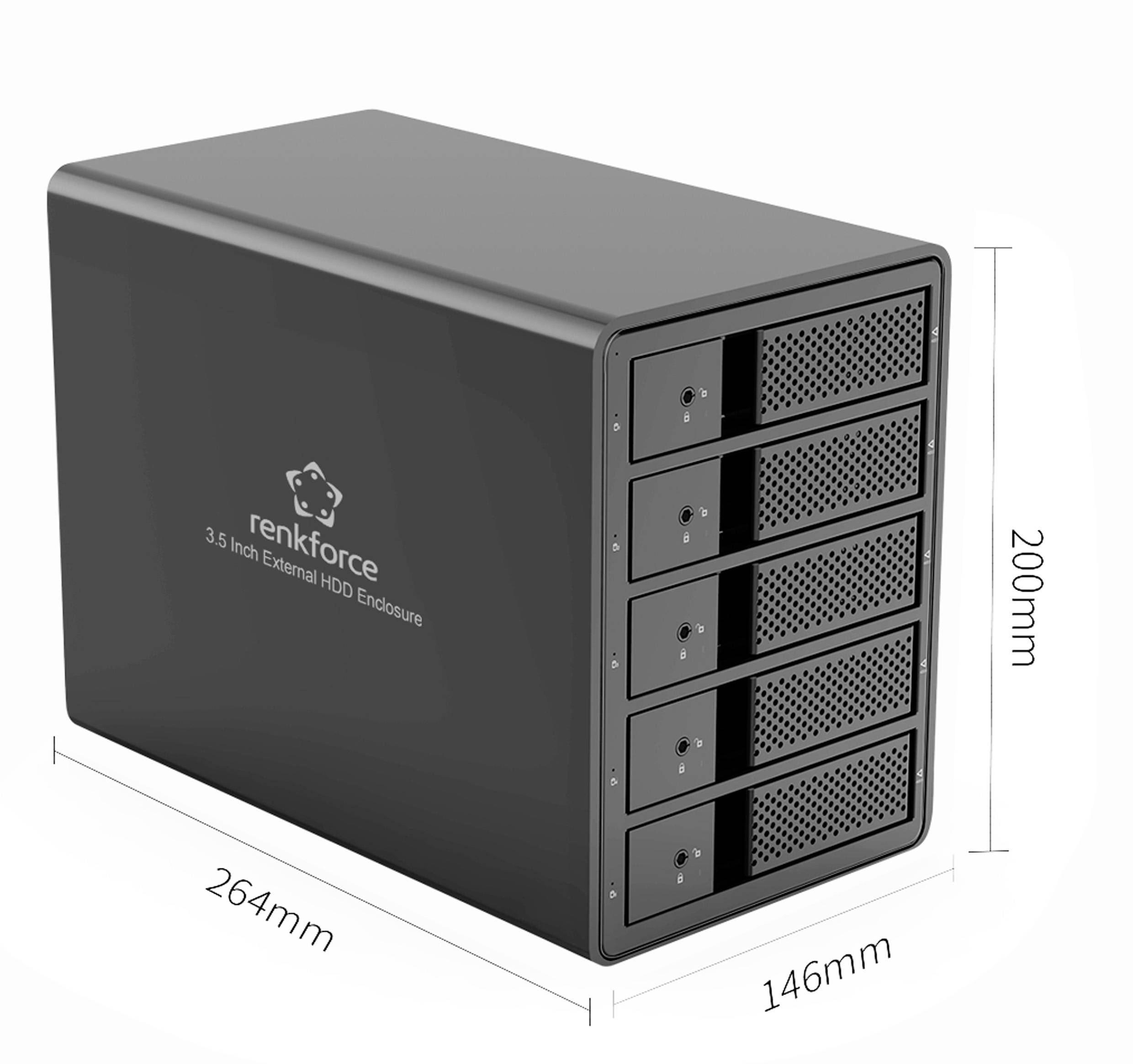 Boîtier de disque dur noir avec cinq baies. Dimensions : 264 mm x 146 mm x 200 mm.
