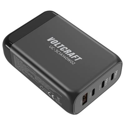 Un chargeur noir de la marque Voltcraft avec trois ports USB, dont un port USB-C. Numéro de modèle : UC-3C1A140W02.