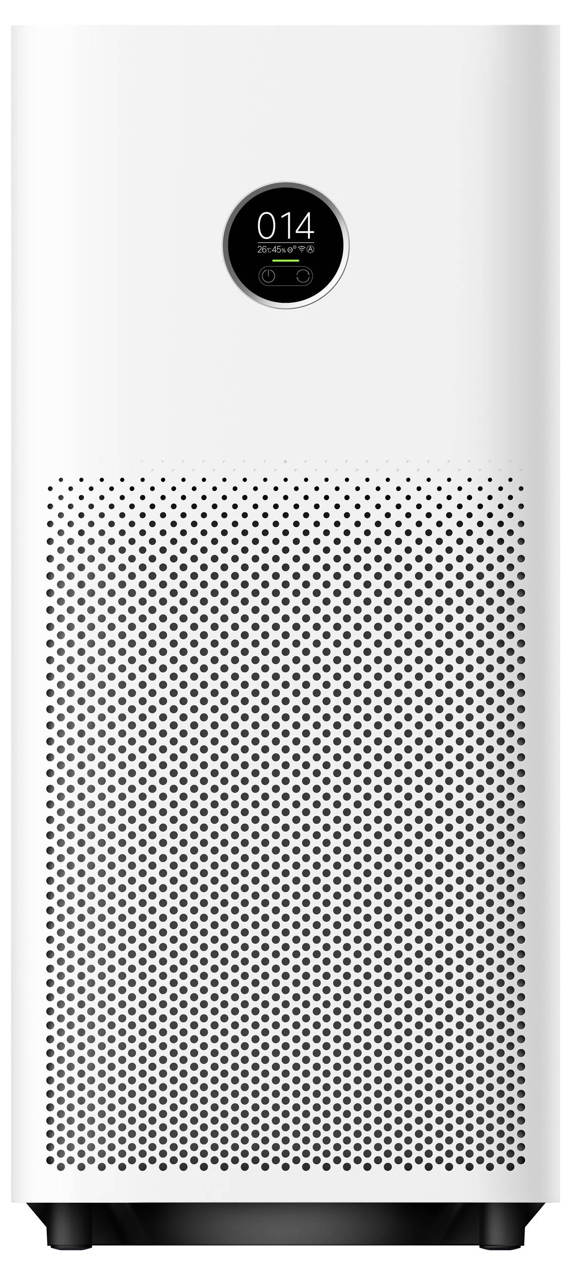 Purificateur d'air avec affichage numérique indiquant une valeur de PM2,5 de 014. Design sobre et moderne avec grille perforée.