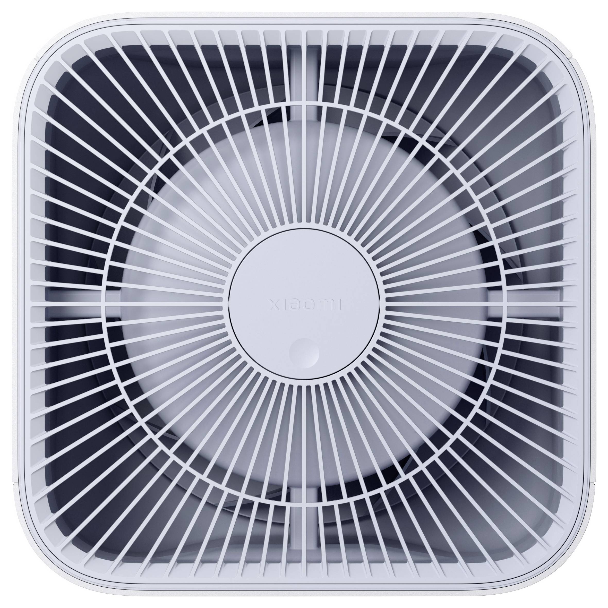 Un purificateur d'air carré vu de dessus, montrant une grille de ventilation et le nom de la marque au centre.