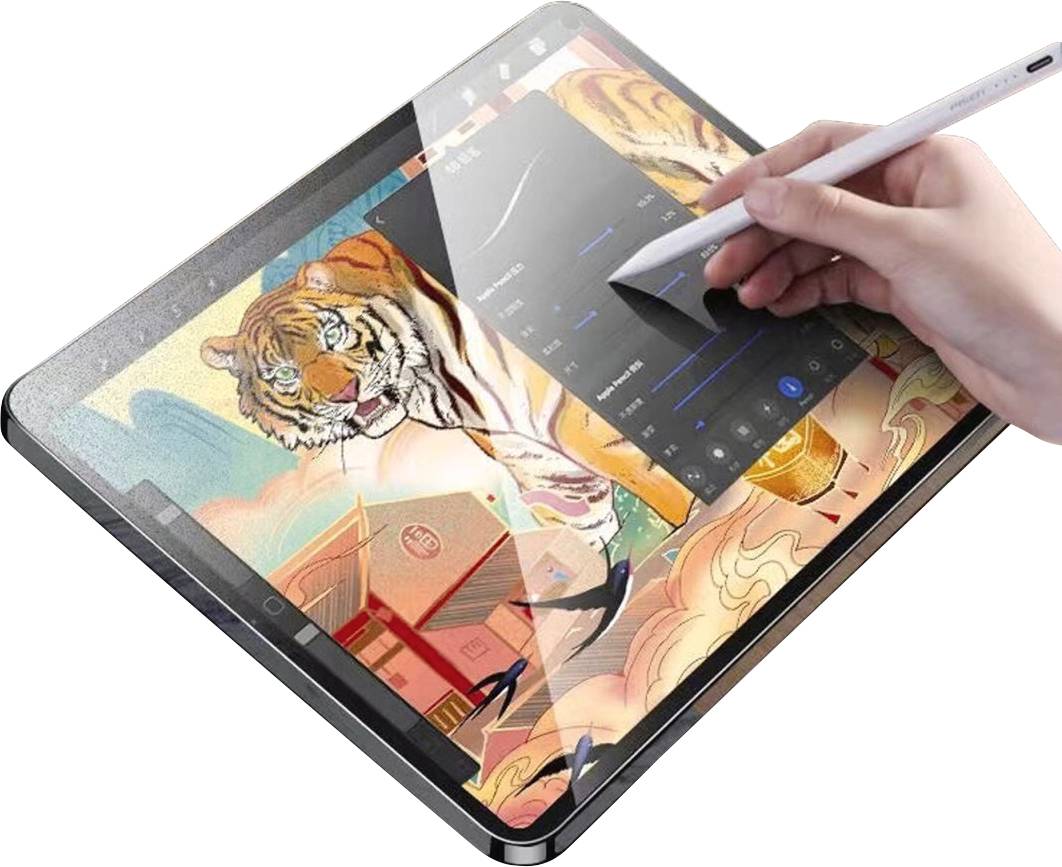 La main dessine un tigre coloré et un bâtiment oriental sur l'écran d'une tablette à l'aide d'un stylet numérique.