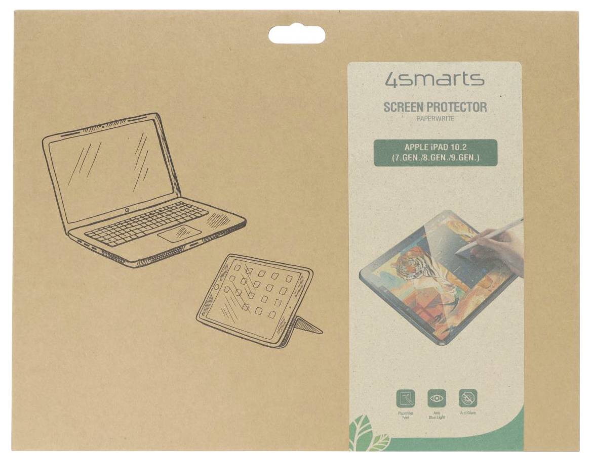 Emballage d'un protecteur d'écran pour Apple iPad 10,2 pouces (7e, 8e et 9e génération) de 4smarts, avec des illustrations d'un ordinateur portable et d'une tablette.