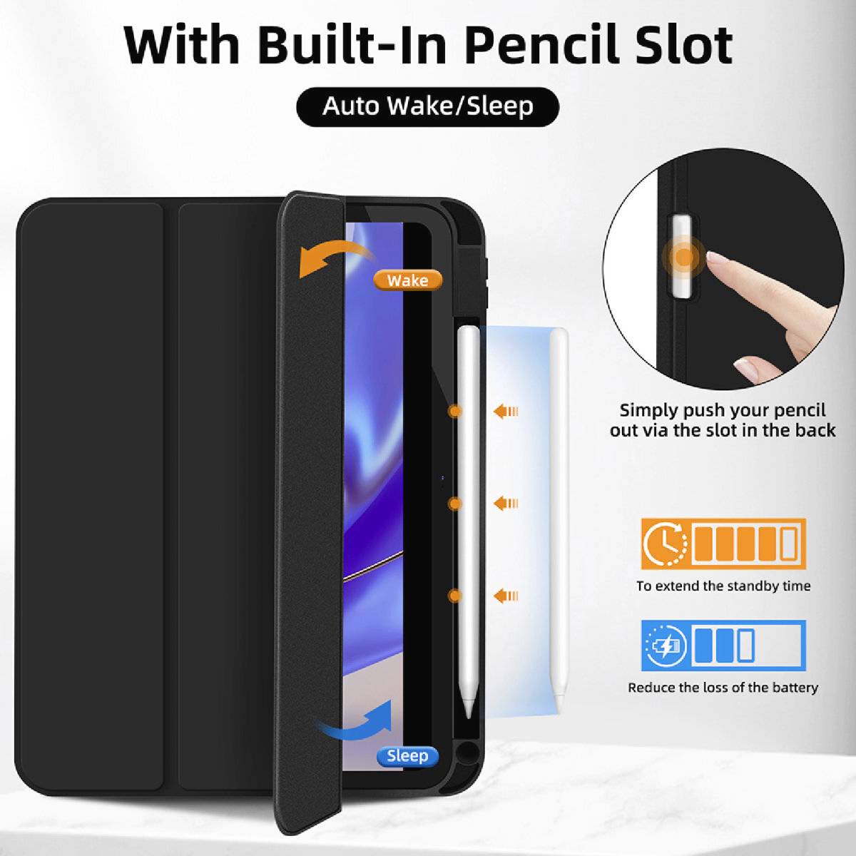 Étui de tablette noir, avec fonction de réveil/mise en veille automatique et support de stylet intégré. Graphiques illustrant le mode veille et l'utilisation de la batterie.