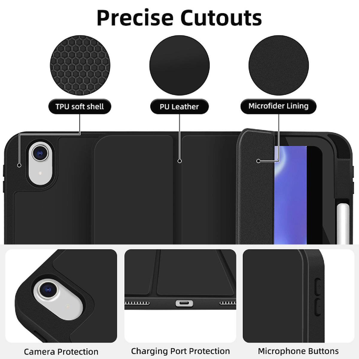 'Découpes ultra-précises : coque extérieure en TPU, cuir PU, doublure en microfibre. Protection pour la caméra, le port de charge et les touches du microphone.'