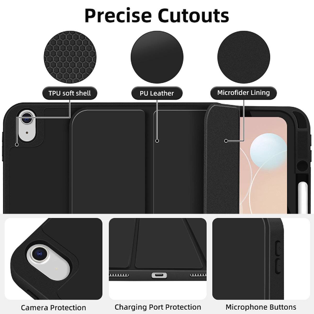 Un boîtier de smartphone présente des découpes précises pour la caméra, le port de charge et les boutons du microphone. Les matériaux comprennent le TPU, le cuir PU et la microfibre.